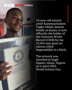 Chioma Akpota Instagram - "Your story has made history, and Nigeria is proud of you", said Nigerian President Bola Tinubu.
On 2 April 2025, World Autism Day, 15-year-old autistic artist Kanyeyachukwu Tagbo-Okeke, known fondly as Kanye, was officially presented with the Guinness World Record (GWR) for his 12,303 sqm giant art canvas called Impossibility is a Myth.
The artwork was unveiled in Eagle Square, Abuja, Nigeria.
“Autism is not a tragedy - ignorance is. Every child deserves love, attention and patience to strive”, said his parents.
With the infinity symbol at the heart of the artwork, the art canvas design represents the boundless potential and talent of those with autism - and breaks down the barriers faced by people with disabilities.
📷 Cover video: Aerial footage of Kanye’s giant art canvas| ©Kanyeyachukwu
#WorldAutismDay #KanyeCan #ImpossibilityIsAMyth #BreakingBarriers @kanye_tagbo @kanye.autismsociety @kanye_tagbo_artspace @chiomakpotha