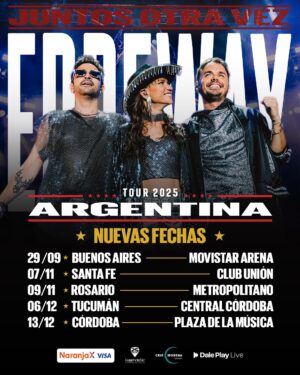 Cris Morena Instagram - ARGENTINA TENEMOS NUEVAS FECHAS🏡🥹
Gracias por acompañarnos a todos lados en esta gran locura 🤩
29/9 BUENOS AIRES - MOVISTAR ARENA
7/11 SANTA FE - CLUB UNION
9/11 ROSARIO - METROPOLITANO
6/12 TUCUMAN - CENTRAL CORDOBA
13/12 CORDOBA - PLAZA DE LA MUSICA
🎫 BUENOS AIRES: Entradas a la venta el lunes 1/9 a las 16hs en www.movistararena.com.ar
🎫 INTERIOR:
TUCUMAN Y CORDOBA: Preventa Naranja X el lunes 1/9 a las 12hs.
Venta general el martes 2/9 a las 12hs. Por @mundoticket_
ROSARIO: Preventa Naranja X el lunes 1/9 a las 12hs. Venta general el martes 2/9 a las 12hs. Por @turboentrada
SANTA FE: Preventa Naranja X el Miércoles 3/9 a las 12hs.
Venta general el Jueves 4/9 a las 12hs. Por @mundoticket_
Esta fiesta continuaaa❤️🥹
GRACIAS, esto es gracias a ustedes ✨
Cami,Benja y Feli🫶🏻
#errewaytour2025 #erreway #felicolombo #benjarojas #camibordonaba