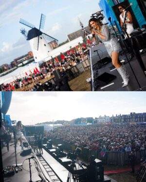 Delta Goodrem Instagram - Catching up!!! ✈️🚗⛴️🌎 Lytham last week was ALL sparkles and loud singing. And ridiculous wind but we got through! loved seeing you all there for the first time and excited be back your side in September in Preston! xxx
Outfit @_zhivago_