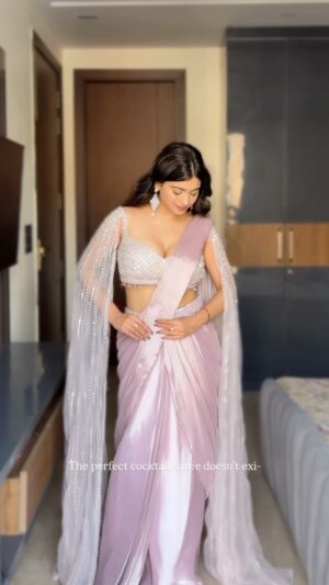 Diksha Bhatia Instagram - Pearls, pre-draped and pure perfection 💜✨ I’m obsessed!🫶🏻

[ bridesmaid look , pre draped saree for cocktail , wedding outfit inspo , indo western saree , pearl work ]

#reels #weddingwear #cocktailsaree #indowestern