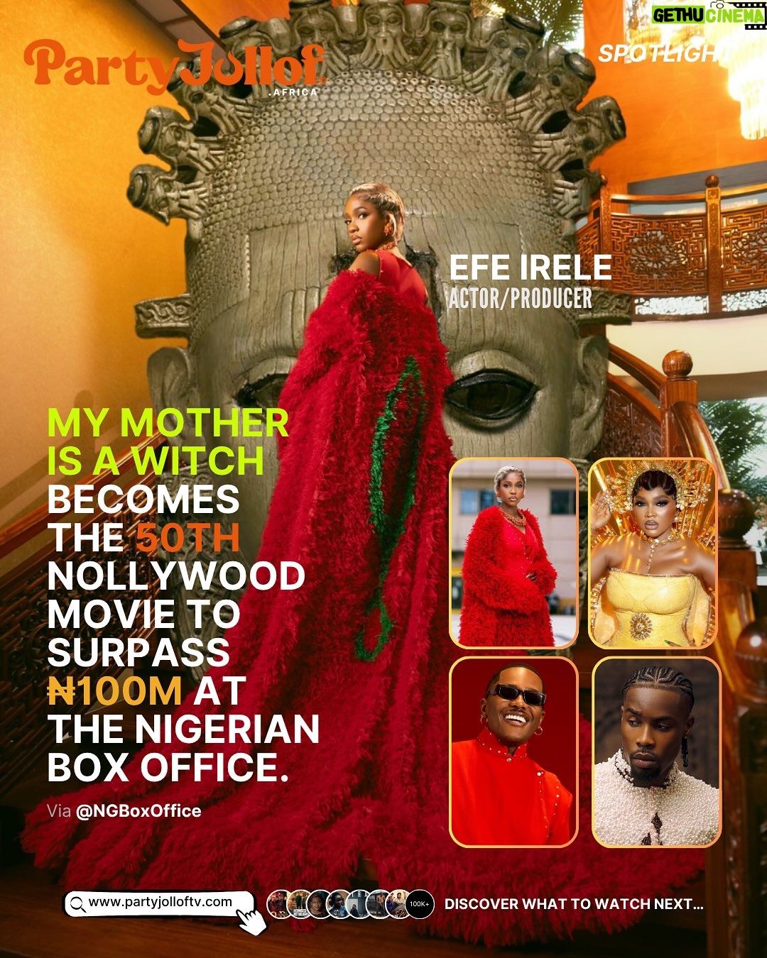 Efe Irele - 1.2K Likes - @efeirele My Mother Is A Witch has officially crossed ₦100 MILLION at the Nigerian Box Office — becoming the 50th Nollywood movie to hit this major milestone! 🇳🇬🎬🔥

From spellbinding storytelling to stellar performances, this film has captured the hearts of audiences nationwide.

👏🏽 Huge congrats to the cast, crew, and everyone who made this cinematic moment possible!

Starring:
@realmercyaigbe 
@efeirele
@_timini 
@neo_akpofure 

A @_anthillstudios x @frameflixhq production

Written & Directed by @niyi_akinmolayan 

Produced by 
@victoria_akujobi @efeirele 

Distributed by @filmoneng 

#mymotherisawitch #efeirele #watchtimini #mercyaigbe #partyjolloftv #nollywood #partyjollofafrica