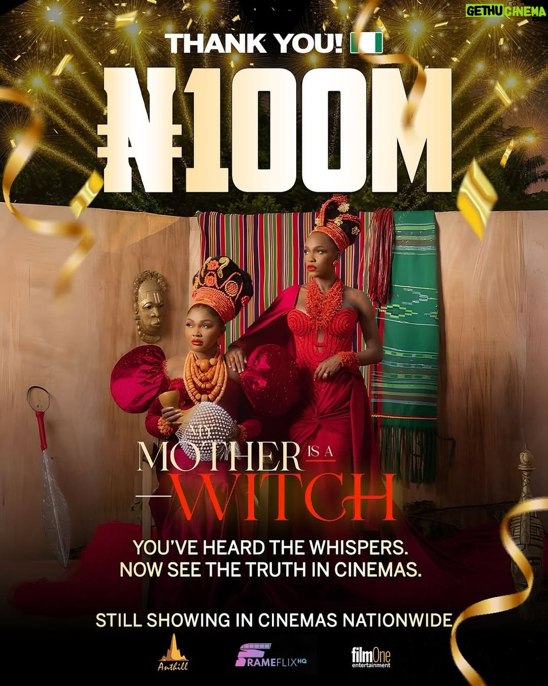 Efe Irele - 1.2K Likes - @efeirele My Mother Is A Witch has officially crossed ₦100 MILLION at the Nigerian Box Office — becoming the 50th Nollywood movie to hit this major milestone! 🇳🇬🎬🔥

From spellbinding storytelling to stellar performances, this film has captured the hearts of audiences nationwide.

👏🏽 Huge congrats to the cast, crew, and everyone who made this cinematic moment possible!

Starring:
@realmercyaigbe 
@efeirele
@_timini 
@neo_akpofure 

A @_anthillstudios x @frameflixhq production

Written & Directed by @niyi_akinmolayan 

Produced by 
@victoria_akujobi @efeirele 

Distributed by @filmoneng 

#mymotherisawitch #efeirele #watchtimini #mercyaigbe #partyjolloftv #nollywood #partyjollofafrica