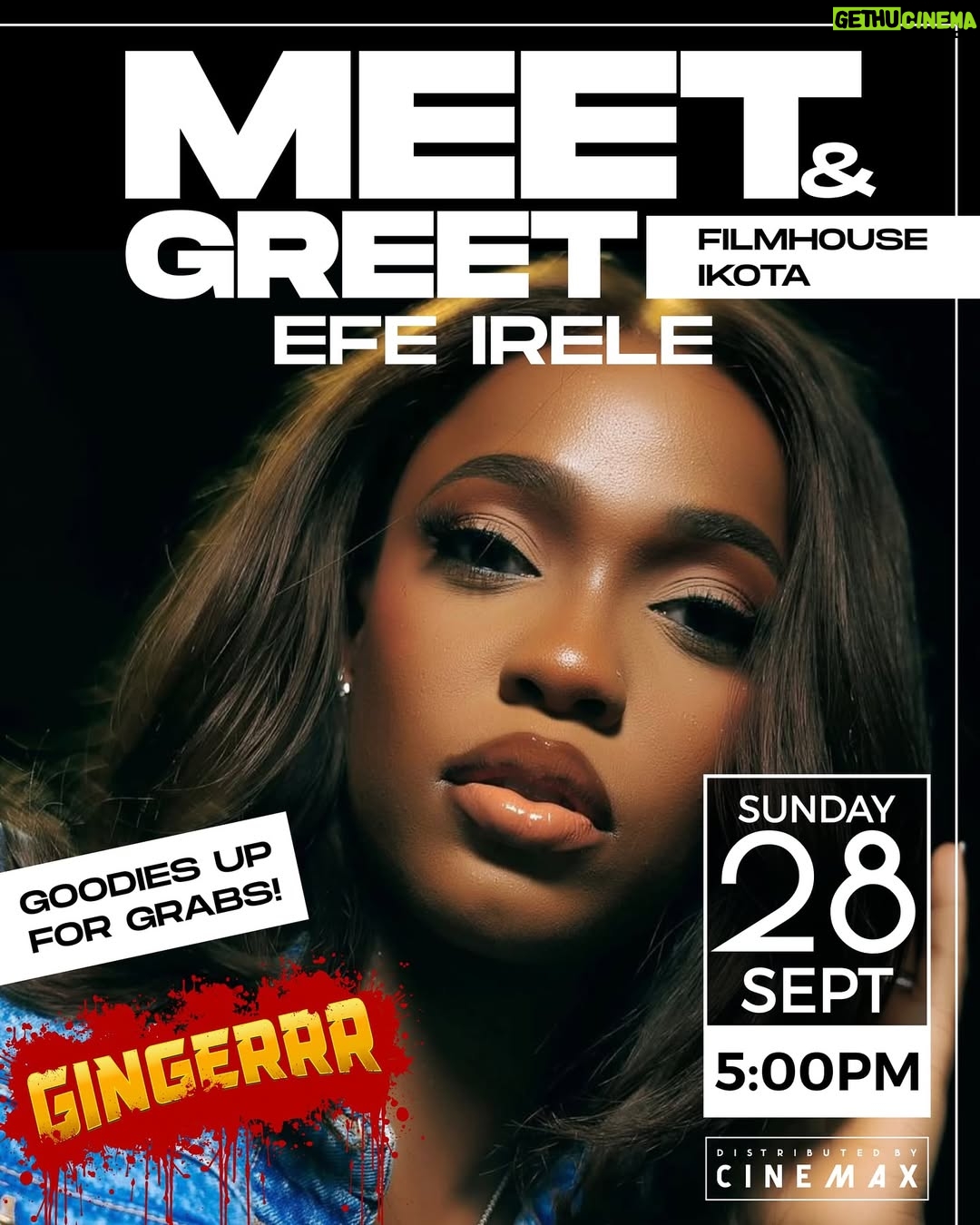 Efe Irele - 3 Likes - Come GINGER me at FILMHOUSE IKOTA from 5pm! First 50 people get free tickets and goodie bags from me! 

Can’t wait to meet you!!