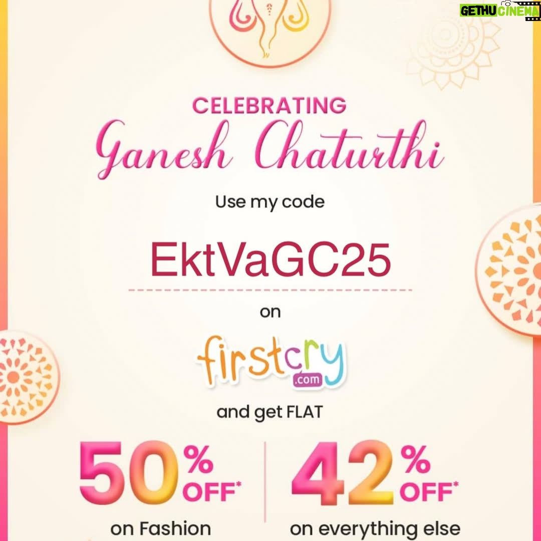 Ekta Varma - 3 Likes - Ganpati Bappa Morya! 🌸
Celebrate Ganesh Chaturthi 2025 with style & savings! 💛
🎉 50% OFF on fashion | 🎉 42% OFF on everything else
Use code EktVaGC25 at checkout 🛍️

📅 Valid till: 30th August 2025

Let’s welcome Bappa with blessings, beauty & big savings! 🙏
@firstcryindia 
@mommy_mode_on 

#GaneshChaturthi2025 #EktVaGC25 #FestiveOffer #GanpatiBappaMorya #FestiveSeason #ShopAndSave #FestiveFashion #SavingsSeason #GaneshChaturthiShopping #ExclusiveOffer #BappaSpecial #GaneshUtsav2025 #ShoppingTime