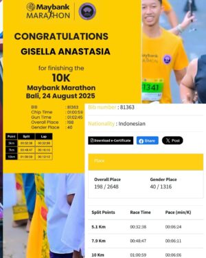 Gisella Anastasia Instagram - #TogetherWeFlyHigher This Medal Goes to kesayangan mama Isel, Gempita ✨
My biggest cheerleader dari awal aku kecemplung di olahraga lari 📣💃
Setiap kali lagi capek latihan, selalu ada pelukan dan semangat dari Empi yang bikin mama Isel kuat lagi.
Selama ini belum pernah race 10k aku ber’ekor kecil, dl seingetku pernah 1:04 d bandung, dan 1:10 d bali 2 tahun lalu…
PB di Maybank Marathon 2025 ini bukan cuma hasil keringatku sendiri, tapi juga hasil support system terhebat—terutama kamu, Gem ❤️
Juga hasil dukungan temen2, dan jg semangat dan bimbingan yg mas @bayuprasetio kasi selama race kemarin🤸♀️
Gak ketinggalan jg karna gear lari yang nyaman banget yg bikin ak bisa lari maksimal kemarin..
Big thanks buat @hoka_indonesia yang selalu jadi partner terbaik di setiap langkah 🏃🏻♀️💨
Medal ini kita punya sama-sama.