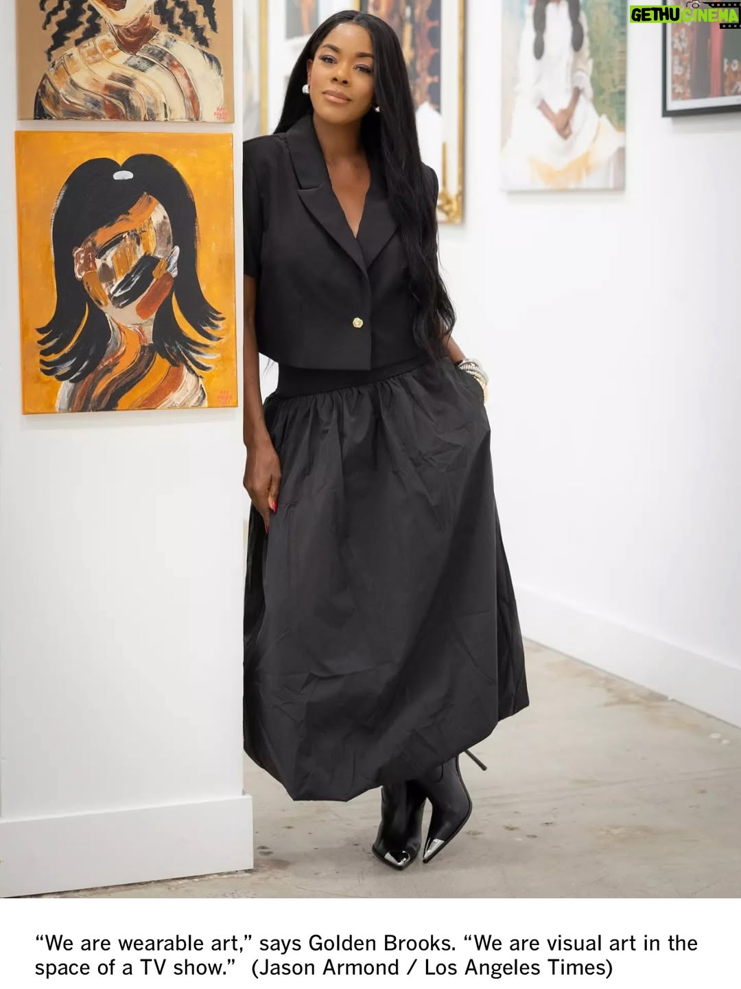 Golden Brooks - 30.5K Likes - Thank you @latimes for this collaborative piece bringing together 25 years of TV excellence and my first love, the art world! Here we are on the 25 year anniversary of #girlfriends. What a wonderful way celebrating and  honoring some amazing Artists! Pure magic collaborating with @dcdg.co on this one! Still pinching myself! Huge shout out to @godson_dc and @delannii for their beautiful spirit and talent they bring to the art world! Full interview in my bio link!

@jason_armond your photography is beyond stellar! 📸
@kailynhype awesome article! 📝 thank you for capturing the essence of #girlfriends and the importance of the Art world and bridging the two! 🤎