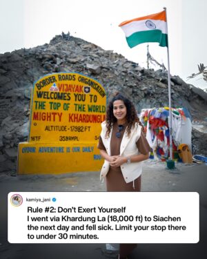 Kamiya Jani Instagram - Ladakh is truly magical — but this time, I realised how differently our bodies can react to high altitude. 🏔️

I actually did follow all the rules:
✅ Checked into a good hotel like @granddragonladakh 
✅ Took it slow on Day 1

And still, I fell sick. Turns out, just like I get motion sick, my body couldn’t handle the thin air — and I was diagnosed with Acute Mountain Sickness. 🤒

So here’s my takeaway: it’s not always about doing something wrong, it’s about knowing that every body is different. Some people adjust instantly, others take longer.

Watch all the madness on my latest video on Siachen. 

#Ladakh #AltitudeSickness #TravelWisdom