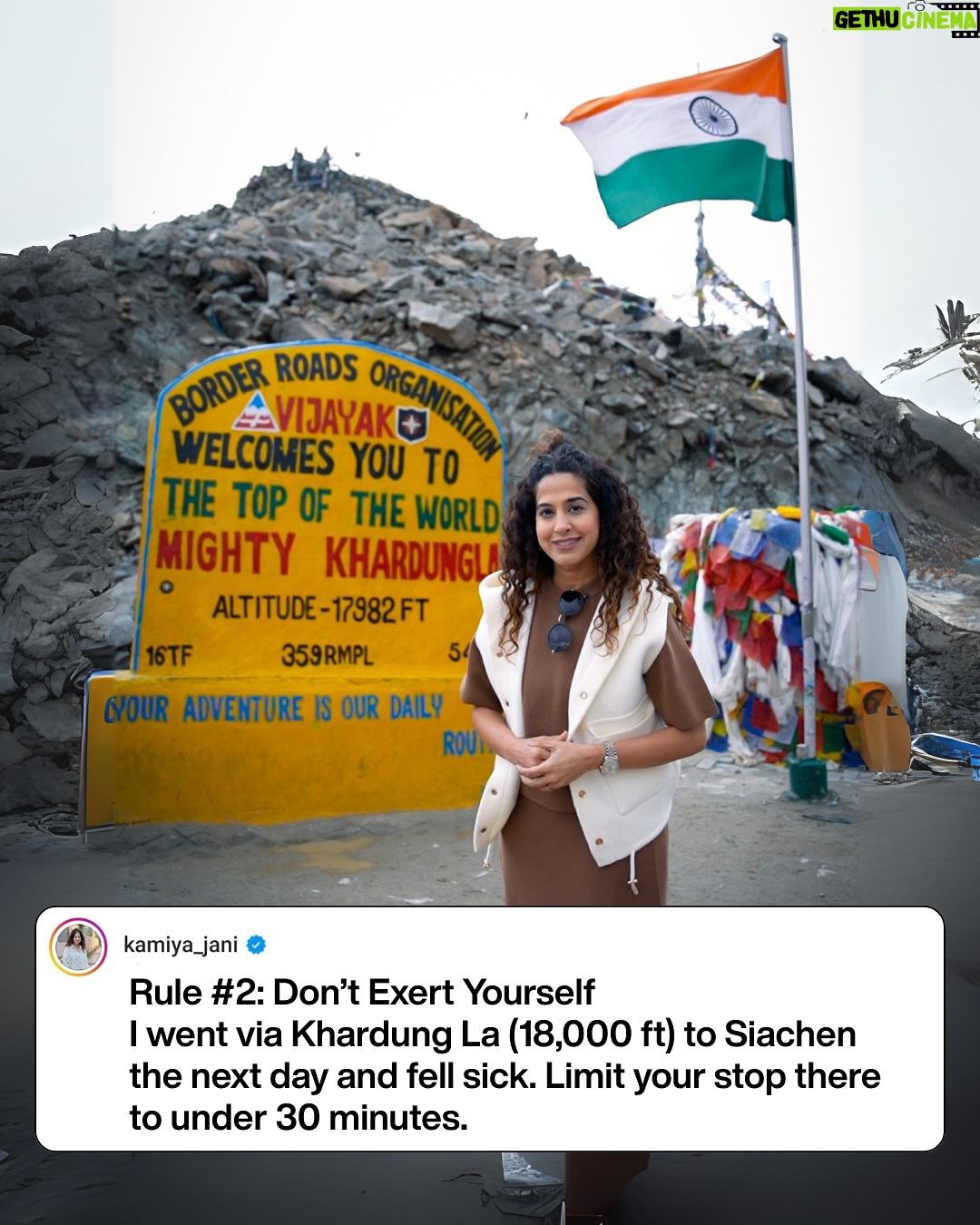 Kamiya Jani - 24.1K Likes - Ladakh is truly magical — but this time, I realised how differently our bodies can react to high altitude. 🏔️

I actually did follow all the rules:
✅ Checked into a good hotel like @granddragonladakh 
✅ Took it slow on Day 1

And still, I fell sick. Turns out, just like I get motion sick, my body couldn’t handle the thin air — and I was diagnosed with Acute Mountain Sickness. 🤒

So here’s my takeaway: it’s not always about doing something wrong, it’s about knowing that every body is different. Some people adjust instantly, others take longer.

Watch all the madness on my latest video on Siachen. 

#Ladakh #AltitudeSickness #TravelWisdom