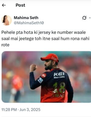 Mahima Seth Instagram - God’s Plan ✨

Edit by - @edits_animationhd 
.
.
.
.
#rcb #ipl2025 #punjabisongs #punjabkings #viratkohli #virat #krunalpandya #anushkasharma #eesalacupnamde #mumbaiindiansfan #royalchallengersbangalore