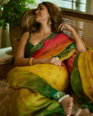 Mrunal Thakur Instagram - Ganesh Chaturthi has always been my festival. A time where home, devotion, and joy come alive.

This year, I wanted to celebrate it in a way that feels both deeply traditional and personal through an outfit that is an ode to Goddess Parvati, the divine feminine, the force of Shakti, and the grace behind Ganesha. 

Draped in lotus hues with hints of gold, it carries her blessing with me… a little piece of strength, a little piece of love, and a whole lot of faith. 💖