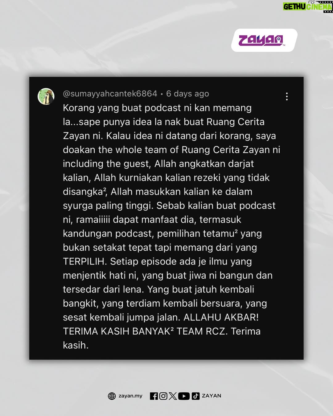 Nana Mahazan - 0.9K Likes - MasyaAllah! Terima kasih semua sahabat ZAYAN yang memberikan kata-kata positif dan maklum balas membina untuk kami di ZAYAN 🤲🏻

Terus dengarkan ZAYAN - Destinasi Nasyid Anda ‼️ Pelbagai kandungan ilmiah, dakwah dan mesej yang positif untuk semua ✨

Muat turun aplikasi ZAYAN serba baharu 😍 Dengarkan kami secara online, 24 jam tanpa henti 🙌🏻

#JomLayanZAYAN
#ZAYANShare