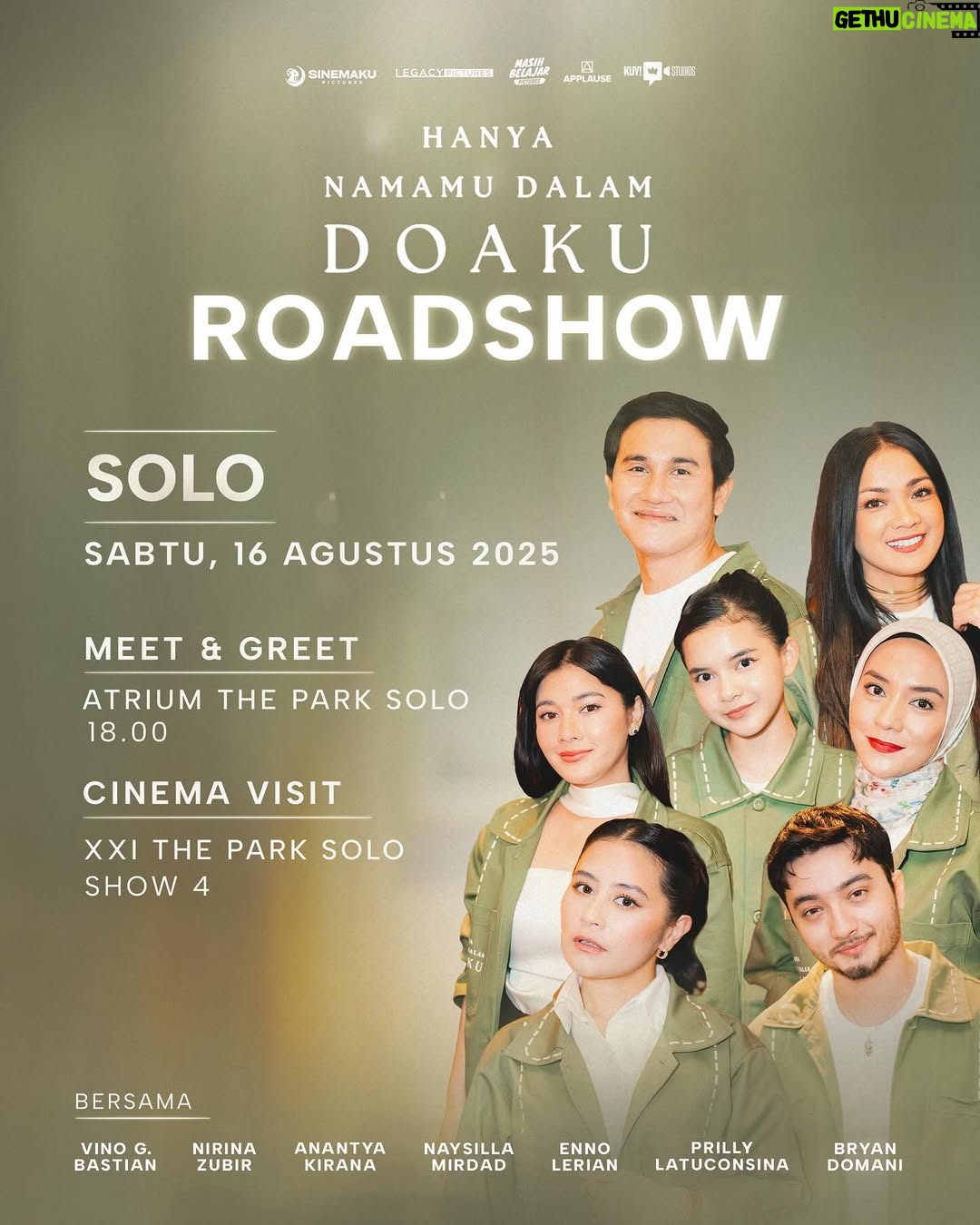 Naysila Mirdad - 477 Likes - ROADSHOW HANYA NAMAMU DALAM DOAKU!✨

Buat kalian warga Yogyakarta, Solo, Tasikmalaya dan Tangerang kita ketemuan yuk!🤩🙌 Bakal ada para cast & filmmakers dari film Hanya Namamu Dalam Doaku lho💚

Acara ini GRATIS!!! Ajakin keluarga, teman-teman dan pasangan kamu yaaa 🫶🏻

Catat tanggalnya dan sampai bertemu disana! 👋🏼

#HanyaNamamuDalamDoaku #HNDD #MencintaimuDalamDoa