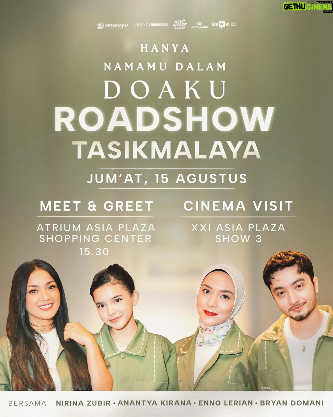 Naysila Mirdad - 477 Likes - ROADSHOW HANYA NAMAMU DALAM DOAKU!✨

Buat kalian warga Yogyakarta, Solo, Tasikmalaya dan Tangerang kita ketemuan yuk!🤩🙌 Bakal ada para cast & filmmakers dari film Hanya Namamu Dalam Doaku lho💚

Acara ini GRATIS!!! Ajakin keluarga, teman-teman dan pasangan kamu yaaa 🫶🏻

Catat tanggalnya dan sampai bertemu disana! 👋🏼

#HanyaNamamuDalamDoaku #HNDD #MencintaimuDalamDoa