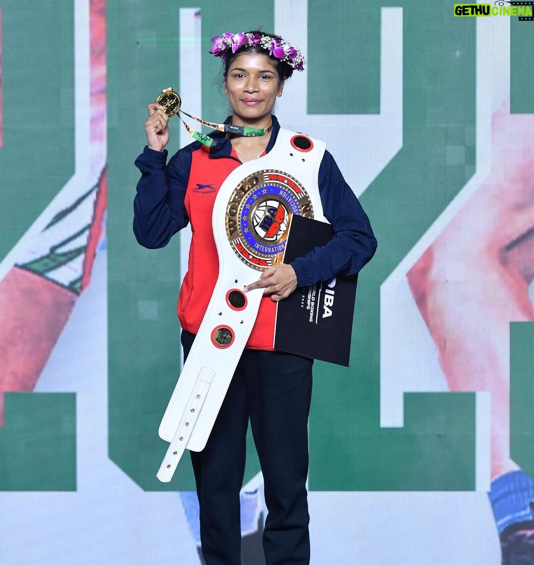 Nikhat Zareen - 97.2K Likes - 2023 WORLD CHAMPION 🥇

Ecstatic. Humbled. Grateful😇🙌🏻. 

I'm extremely happy to start my year with my second gold medal at world championships, and to do so in front of my home crowd is extremely special to me. My sincere thanks go out to all of you for your prayers and support😊🙏🏻.

India, this one is for you. 
🥇

📸: @sj_thephotographer07 

#WWCHDelhi #WorldChampionships 🥊
#itshertime