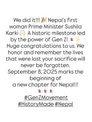 Niti Shah Instagram - A new chapter begins for Nepal🇳🇵
Today, we are not only witnessing a change, but we are also a part of a historic moment that will be remembered for generations. Our first woman Prime Minister, Sushila Karki. ✨
This movement was a reminder that hope lives in every Nepalese heart🇳🇵🇳🇵🇳🇵 We honor and remember the lives that were lost your sacrifice will never be forgotten and Thank you to all the youth of Nepal, @sudangrg_haminepal Sudan Dai, and the entire @haminepal_ Hami Nepal team for your relentless effort. 🙌 Your courage and dedication made this historic revolution possible. Sudan Dai, your name will be written in history! We are so proud of you for leading with fearlessness and being a true citizen of this revolution. 🇳🇵✨
 #GenZMovement #HistoryMade #Nepal