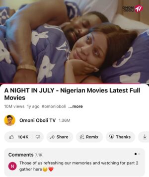 Omoni Oboli Instagram - Been so busy, I forgot to tell y’all…
A NIGHT IN JULY has officially hit 10 MILLION views 🎉💃🏽
and AFTER A NIGHT IN JULY has soared past 6 MILLION views! 🥹💝

How do I even thank you enough, besties? Thank you for riding with us every step of the way!
Big love to my baby girl @uchemontana, my love @eso.dike, and our entire amazing cast and crew for these two incredibly beautiful films, both packed with life’s lessons ❤️

If you haven’t watched yet, now’s the perfect time!
Head to Omoni Oboli TV on YouTube and enjoy them.
#PremiumOrNothing #ANightInJuly #AfterANightInJuly #OmoniOboliTV