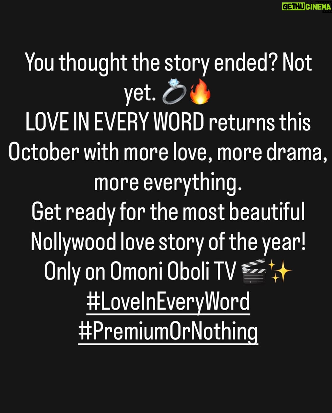 Omoni Oboli - 71.7K Likes - Besties 🥹💍 The wait is almost over!
LOVE IN EVERY WORD: THE WEDDING is coming to you this October and trust me, it will sweep you off your feet.
Romance, culture, drama, and beauty all wrapped in one unforgettable story.
Mark your calendars, this October we make history again 💕
#LoveInEveryWord #LoveInEveryWordTheWedding  #PremiumOrNothing #OmoniOboliTV

Proudly supported by @ubagroup @cocacola_ng  @closeupnigeria @knorrnigeria @vaselinenigeria  @giglogistics @gacmotornigeria @mamadorng @peak_milk @lipton_nigeria

PS: If you aren’t subscribed to Omoni Oboli Tv on YouTube, do so now 🎉🎉🎉 Be the first to see the most anticipated movie ever! 🥳🥳🥳