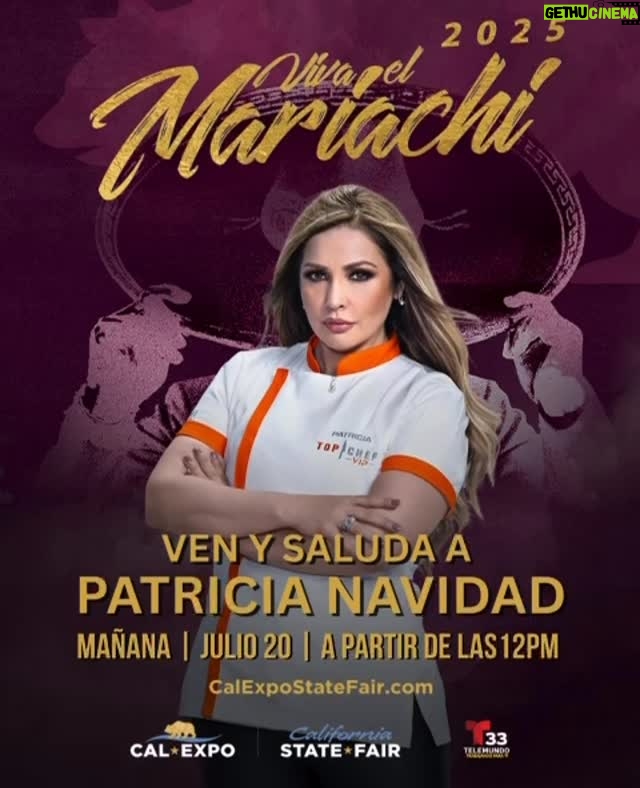 Patricia Navidad - 228 Likes - 🎺✨ ¡VIVA EL MARIACHI! ✨🎺
Este domingo vive la pasión, el talento y la tradición en la Competencia Juvenil de Mariachi 2025 🎶🎤

📍 Escenario principal de la Feria Estatal de California
📅 12 p.m. a 4 p.m.
📺 Producido por CalExpo, la Feria Estatal de California y Telemundo 33

🎙️ Maestros de Ceremonia:
Brian Lozano y Jocelin Cuevas, ¡los rostros que ya conoces de Telemundo 33!

Ven y conoce a la gran ganadora de la tercera temporada de Top Chef VIP @patricianavidad_oficial 🧑‍🍳 

🌟 Y por la noche…
¡Prepárate para una presentación estelar con Majo Aguilar y Joss Favela!
🚪 Puertas abren a las 5:30 p.m.
🎵 Show inicia a las 6:30 p.m.

Este verano, celebramos el legado, la cultura y la música que nos une como comunidad 💛
#VivaElMariachi #Mariachi2025 #FeriaEstatalCA #Telemundo33 #OrgulloLatino #SacramentoEvents #TradiciónQueVive