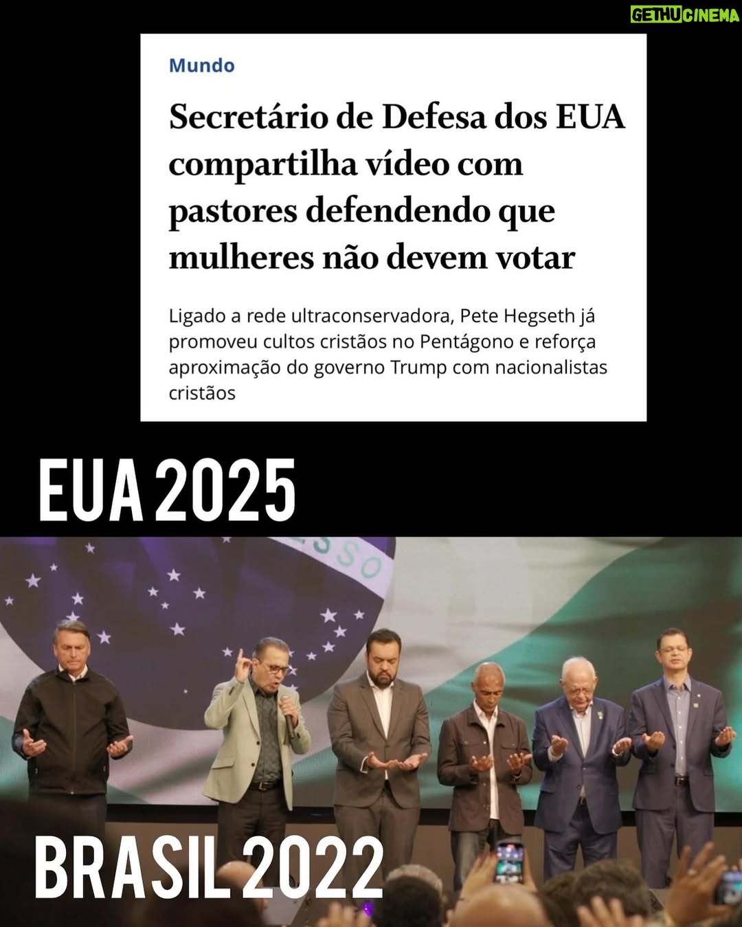 Petra Costa - 8K Likes - A teologia do domínio não é um fenômeno isolado dos EUA. No Brasil, setores da bancada evangélica, com lideranças fundamentalistas, seguem a mesma cartilha, articulando um projeto de poder que ataca direitos e ameaça a democracia. A conexão é global — e o avanço dessa agenda é coordenado.