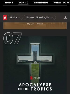Petra Costa Instagram - Nosso filme Apocalipse nos Trópicos está no Top 10 global da Netflix — em 7º lugar entre os filmes de língua não inglesa no mundo inteiro. 🌎💥
Obrigada a cada pessoa que assistiu, compartilhou, comentou, indicou.Se você ainda não viu, está disponível na Netflix!
Assista, divulgue, convide outras pessoas a ver. Com uma forcinha quem saba a gente chega no Top 1?