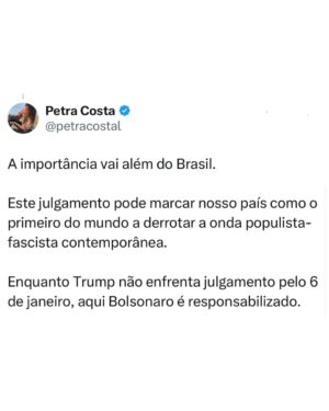 Petra Costa Instagram - Amanhã, 2 de setembro, é um dia histórico — para o Brasil e para o mundo.
O Supremo Tribunal Federal inicia o julgamento de Jair Bolsonaro por sua tentativa de golpe — um plano que, se tivesse sido bem-sucedido, poderia ter matado o recém-eleito presidente Lula, seu vice-presidente e o ministro do STF Alexandre de Moraes. Pela primeira vez na história, um ex-presidente brasileiro será julgado no Supremo Tribunal Federal por tentar subverter a democracia pela força.
Mas a importância vai além do Brasil. Este julgamento marca a possibilidade de nosso país se tornar o primeiro no mundo a derrotar a onda populista-fascista contemporânea. Enquanto Donald Trump não enfrenta nenhum julgamento pelo 6 de janeiro, no Brasil as instituições estão responsabilizando Bolsonaro — mesmo diante das tarifas que Trump agora impõe para proteger seu aliado.
Na semana passada, áudios vazados confirmaram o que Apocalipse nos Trópicos já havia previsto: a intimidade de bastidores entre púlpito e política, em que o pastor Silas Malafaia orienta Bolsonaro sobre como pressionar o Supremo, e em que o ex-presidente — num momento bizarro e revelador de sua fragilidade psicológica — admite que não pode agir porque está sofrendo uma crise de soluços. Esses áudios mostram Malafaia não apenas como conselheiro, mas como um verdadeiro mentor, puxando os fios enquanto Bolsonaro hesita e vacila.
Mas esta não é a última página dessa história. Trump quase certamente tentará interferir nas eleições brasileiras no próximo ano. O julgamento de amanhã não é só sobre o Bolsonaro — é sobre ver se a democracia consegue resistir a quem diz defendê-la enquanto trabalha pra destruí-la.
Chamo todos você a assisterem atentatmente!