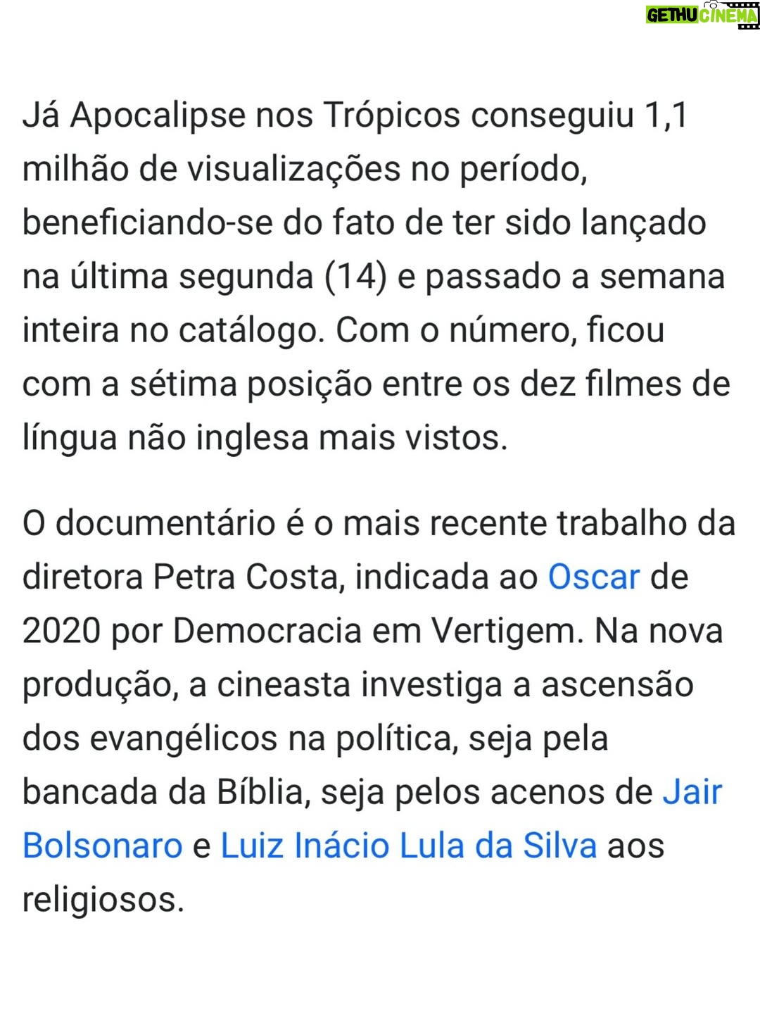 Petra Costa - 11.9K Likes - Nosso filme Apocalipse nos Trópicos está no Top 10 global da Netflix — em 7º lugar entre os filmes de língua não inglesa no mundo inteiro. 🌎💥

Obrigada a cada pessoa que assistiu, compartilhou, comentou, indicou.Se você ainda não viu, está disponível na Netflix! 

Assista, divulgue, convide outras pessoas a ver. Com uma forcinha quem saba a gente chega no Top 1?