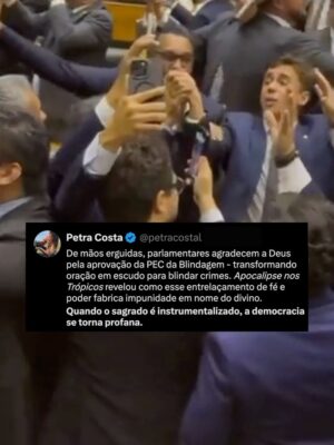 Petra Costa Instagram - A cena fala por si: a celebração de uma vitória política camuflada de devoção. O que deveria ser espaço de representação do povo se transforma em púlpito para legitimar a blindagem de crimes.
A democracia exige vigilância, sobretudo quando símbolos religiosos são usados como cortina para encobrir ataques contra ela.
Neste domingo, 21, é nas ruas que precisamos mostrar que a democracia não se negocia.