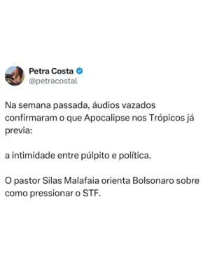 Petra Costa Instagram - Amanhã, 2 de setembro, é um dia histórico — para o Brasil e para o mundo.
O Supremo Tribunal Federal inicia o julgamento de Jair Bolsonaro por sua tentativa de golpe — um plano que, se tivesse sido bem-sucedido, poderia ter matado o recém-eleito presidente Lula, seu vice-presidente e o ministro do STF Alexandre de Moraes. Pela primeira vez na história, um ex-presidente brasileiro será julgado no Supremo Tribunal Federal por tentar subverter a democracia pela força.
Mas a importância vai além do Brasil. Este julgamento marca a possibilidade de nosso país se tornar o primeiro no mundo a derrotar a onda populista-fascista contemporânea. Enquanto Donald Trump não enfrenta nenhum julgamento pelo 6 de janeiro, no Brasil as instituições estão responsabilizando Bolsonaro — mesmo diante das tarifas que Trump agora impõe para proteger seu aliado.
Na semana passada, áudios vazados confirmaram o que Apocalipse nos Trópicos já havia previsto: a intimidade de bastidores entre púlpito e política, em que o pastor Silas Malafaia orienta Bolsonaro sobre como pressionar o Supremo, e em que o ex-presidente — num momento bizarro e revelador de sua fragilidade psicológica — admite que não pode agir porque está sofrendo uma crise de soluços. Esses áudios mostram Malafaia não apenas como conselheiro, mas como um verdadeiro mentor, puxando os fios enquanto Bolsonaro hesita e vacila.
Mas esta não é a última página dessa história. Trump quase certamente tentará interferir nas eleições brasileiras no próximo ano. O julgamento de amanhã não é só sobre o Bolsonaro — é sobre ver se a democracia consegue resistir a quem diz defendê-la enquanto trabalha pra destruí-la.
Chamo todos você a assisterem atentatmente!