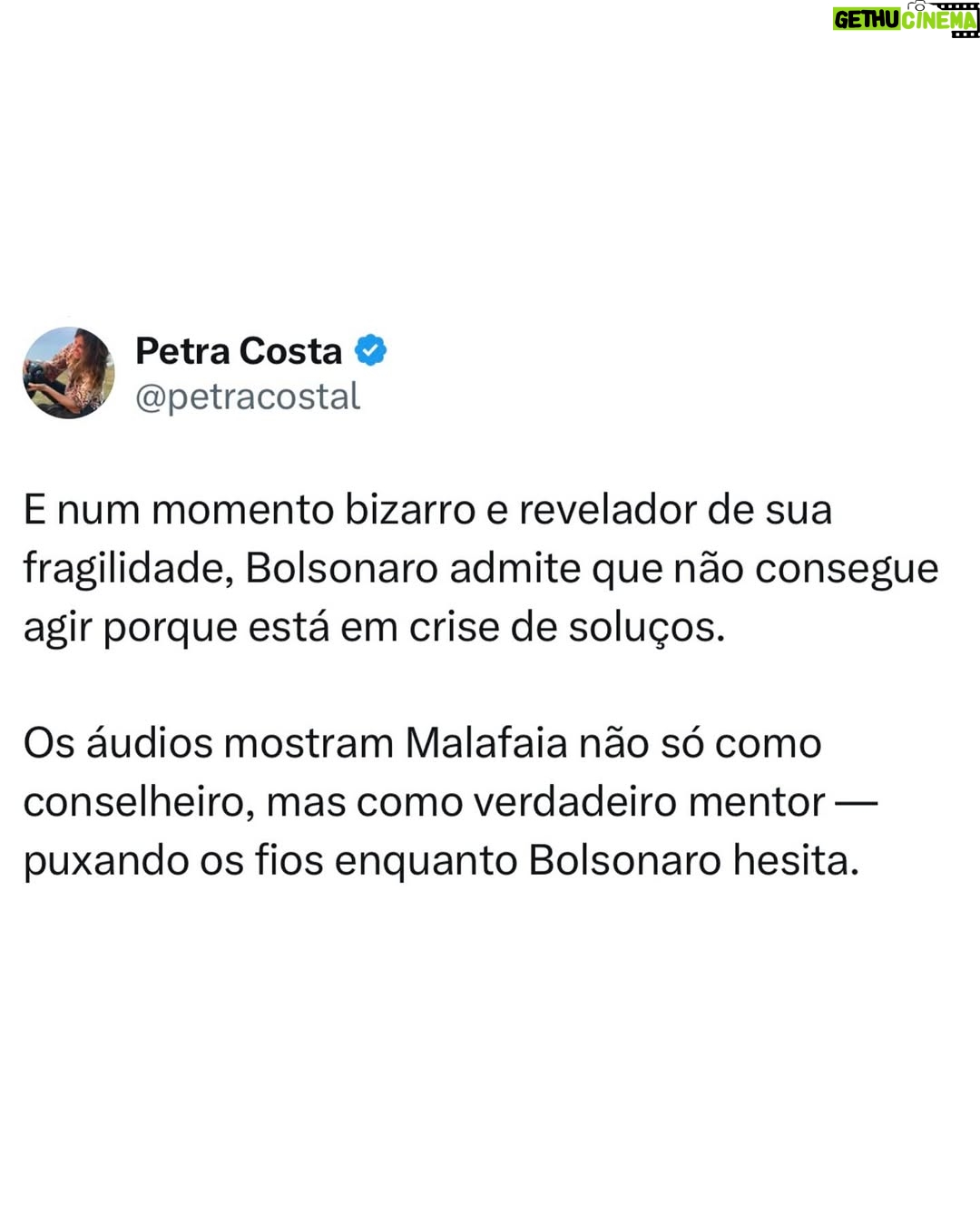 Petra Costa - 34.6K Likes - Amanhã, 2 de setembro, é um dia histórico — para o Brasil e para o mundo.
O Supremo Tribunal Federal inicia o julgamento de Jair Bolsonaro por sua tentativa de golpe — um plano que, se tivesse sido bem-sucedido, poderia ter matado o recém-eleito presidente Lula, seu vice-presidente e o ministro do STF Alexandre de Moraes. Pela primeira vez na história, um ex-presidente brasileiro será julgado no Supremo Tribunal Federal por tentar subverter a democracia pela força.
Mas a importância vai além do Brasil. Este julgamento marca a possibilidade de nosso país se tornar o primeiro no mundo a derrotar a onda populista-fascista contemporânea. Enquanto Donald Trump não enfrenta nenhum julgamento pelo 6 de janeiro, no Brasil as instituições estão responsabilizando Bolsonaro — mesmo diante das tarifas que Trump agora impõe para proteger seu aliado.
Na semana passada, áudios vazados confirmaram o que Apocalipse nos Trópicos já havia previsto: a intimidade de bastidores entre púlpito e política, em que o pastor Silas Malafaia orienta Bolsonaro sobre como pressionar o Supremo, e em que o ex-presidente — num momento bizarro e revelador de sua fragilidade psicológica — admite que não pode agir porque está sofrendo uma crise de soluços. Esses áudios mostram Malafaia não apenas como conselheiro, mas como um verdadeiro mentor, puxando os fios enquanto Bolsonaro hesita e vacila.
Mas esta não é a última página dessa história. Trump quase certamente tentará interferir nas eleições brasileiras no próximo ano. O julgamento de amanhã não é só sobre o Bolsonaro — é sobre ver se a democracia consegue resistir a quem diz defendê-la enquanto trabalha pra destruí-la.
Chamo todos você a assisterem atentatmente!