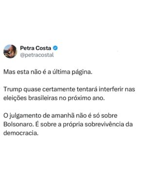 Petra Costa Instagram - Amanhã, 2 de setembro, é um dia histórico — para o Brasil e para o mundo.
O Supremo Tribunal Federal inicia o julgamento de Jair Bolsonaro por sua tentativa de golpe — um plano que, se tivesse sido bem-sucedido, poderia ter matado o recém-eleito presidente Lula, seu vice-presidente e o ministro do STF Alexandre de Moraes. Pela primeira vez na história, um ex-presidente brasileiro será julgado no Supremo Tribunal Federal por tentar subverter a democracia pela força.
Mas a importância vai além do Brasil. Este julgamento marca a possibilidade de nosso país se tornar o primeiro no mundo a derrotar a onda populista-fascista contemporânea. Enquanto Donald Trump não enfrenta nenhum julgamento pelo 6 de janeiro, no Brasil as instituições estão responsabilizando Bolsonaro — mesmo diante das tarifas que Trump agora impõe para proteger seu aliado.
Na semana passada, áudios vazados confirmaram o que Apocalipse nos Trópicos já havia previsto: a intimidade de bastidores entre púlpito e política, em que o pastor Silas Malafaia orienta Bolsonaro sobre como pressionar o Supremo, e em que o ex-presidente — num momento bizarro e revelador de sua fragilidade psicológica — admite que não pode agir porque está sofrendo uma crise de soluços. Esses áudios mostram Malafaia não apenas como conselheiro, mas como um verdadeiro mentor, puxando os fios enquanto Bolsonaro hesita e vacila.
Mas esta não é a última página dessa história. Trump quase certamente tentará interferir nas eleições brasileiras no próximo ano. O julgamento de amanhã não é só sobre o Bolsonaro — é sobre ver se a democracia consegue resistir a quem diz defendê-la enquanto trabalha pra destruí-la.
Chamo todos você a assisterem atentatmente!