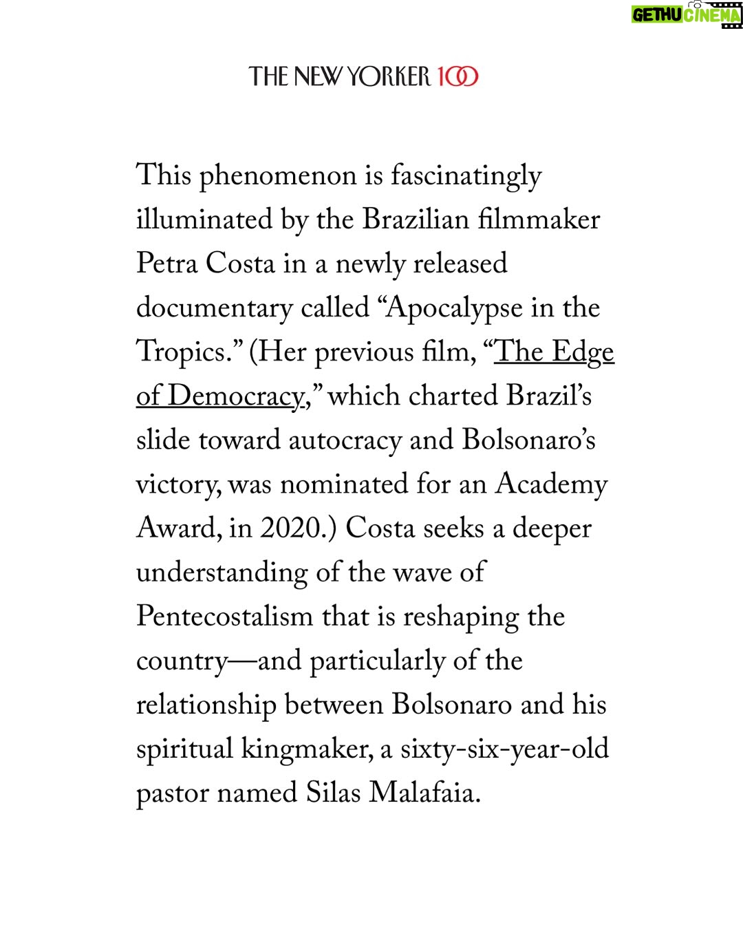 Petra Costa - 9.8K Likes - Honrado que Jon Lee Anderson escreveu na @newyorkermag sobre nossa investigação em “Apocalipse nos Trópicos” no contexto do julgamento de Bolsonaro. Estamos em um momento da história onde os Estados Unidos poderiam aprender muito com o Brasil sobre como lidar com pessoas envolvidas em tentativas de golpe.

Como eu disse no artigo, o Brasil nunca julgou os militares pelo que fizeram durante a ditadura. Eles nunca foram punidos por esses crimes. Bolsonaro foi eleito presidente celebrando esses crimes. Se ele for condenado, será um marco civilizacional para o Brasil. Em um país moldado por golpes, esta poderia ser a primeira vez que alguém é enviado para a prisão por incitar um.

O link para o artigo na descrição do perfil ou em bit.ly/thenewyorker-veredict

__________

Honored that Jon Lee Anderson wrote about our investigation in ‘Apocalypse in the Tropics’ in the contexts of Bolsonaro’s trial. We are in a moment in history where the United States could learn a lot from Brazil about how to reckon with people involved in coup attempts.

As I said to in the article, Brazil never tried the military for what they did during their dictatorship. They were never punished for those crimes. Bolsonaro was elected President celebrating those crimes. If he is convicted, it will be a civilizational milestone for Brazil. In a country shaped by coups, this could be the first time someone is sent to prison for inciting one. 

Link to the full article in my bio or at bit.ly/thenewyorker-veredict
