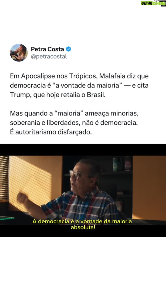 Petra Costa - 11.2K Likes - No nosso filme, Apocalipse nos Trópicos, Malafaia diz que democracia é “a vontade da maioria absoluta” — ao mesmo tempo em que cita Trump como símbolo de liberdade de expressão por vociferar e impor retaliações contra minorias.

E quando a liberdade de expressão e a pretensa maioria ameaçam liberdades individuais? Ou a liberdade econômica de outros países, como vemos agora, bem como a independência do judiciário e o direito à autodeterminação dos povos e nações? 

Em nome da maioria absoluta foram consolidados regimes totalitários e cometidos grandes crimes contra a humanidade.

Democracia é também a defesa das minorias e da soberania nacional.