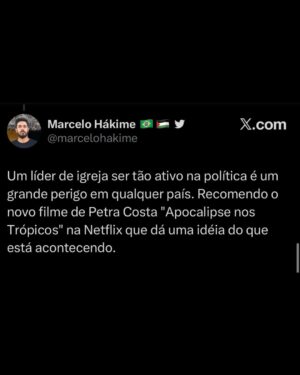 Petra Costa Instagram - Mais do que nunca, Apocalipse nos Trópicos segue atual.
Entre as reviravoltas dos áudios reveladores que a PF descobriu, as reações exaltadas e debates sobre fé, política e democracia nas redes, o filme continua gerando repercussão e diálogo na sociedade. Basta ver os comentários acima para sentir a dimensão desse impacto.
Se você ainda não assistiu, está na Netflix.
Se já assistiu, esse é o momento de compartilhar — com amigos, família, nos stories, nos grupos de WhatsApp.
📣 Cada eco ajuda a manter viva essa conversa urgente sobre o futuro do Brasil.