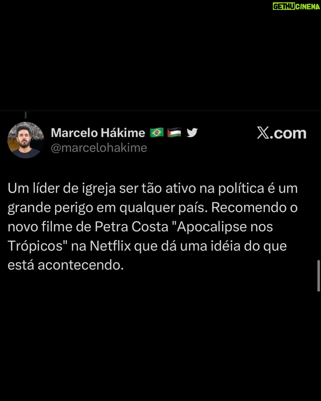 Petra Costa - 14.1K Likes - Mais do que nunca, Apocalipse nos Trópicos segue atual.

Entre as reviravoltas dos áudios reveladores que a PF descobriu, as reações exaltadas e debates sobre fé, política e democracia nas redes, o filme continua gerando repercussão e diálogo na sociedade. Basta ver os comentários acima para sentir a dimensão desse impacto.

Se você ainda não assistiu, está na Netflix.
Se já assistiu, esse é o momento de compartilhar — com amigos, família, nos stories, nos grupos de WhatsApp.

📣 Cada eco ajuda a manter viva essa conversa urgente sobre o futuro do Brasil.