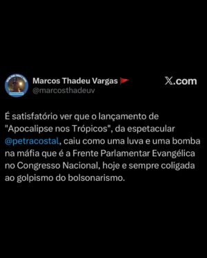 Petra Costa Instagram - Mais do que nunca, Apocalipse nos Trópicos segue atual.
Entre as reviravoltas dos áudios reveladores que a PF descobriu, as reações exaltadas e debates sobre fé, política e democracia nas redes, o filme continua gerando repercussão e diálogo na sociedade. Basta ver os comentários acima para sentir a dimensão desse impacto.
Se você ainda não assistiu, está na Netflix.
Se já assistiu, esse é o momento de compartilhar — com amigos, família, nos stories, nos grupos de WhatsApp.
📣 Cada eco ajuda a manter viva essa conversa urgente sobre o futuro do Brasil.