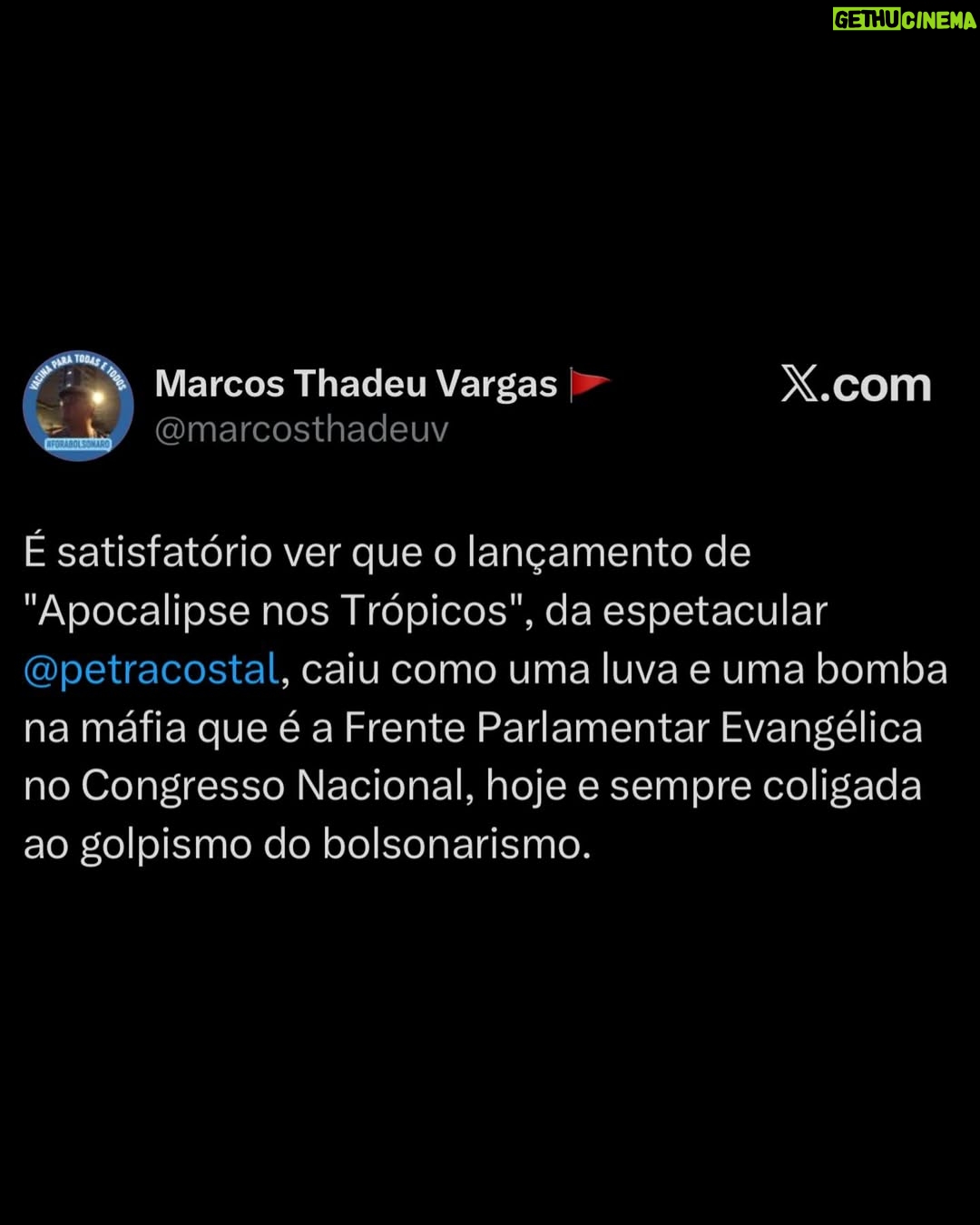 Petra Costa - 14.1K Likes - Mais do que nunca, Apocalipse nos Trópicos segue atual.

Entre as reviravoltas dos áudios reveladores que a PF descobriu, as reações exaltadas e debates sobre fé, política e democracia nas redes, o filme continua gerando repercussão e diálogo na sociedade. Basta ver os comentários acima para sentir a dimensão desse impacto.

Se você ainda não assistiu, está na Netflix.
Se já assistiu, esse é o momento de compartilhar — com amigos, família, nos stories, nos grupos de WhatsApp.

📣 Cada eco ajuda a manter viva essa conversa urgente sobre o futuro do Brasil.