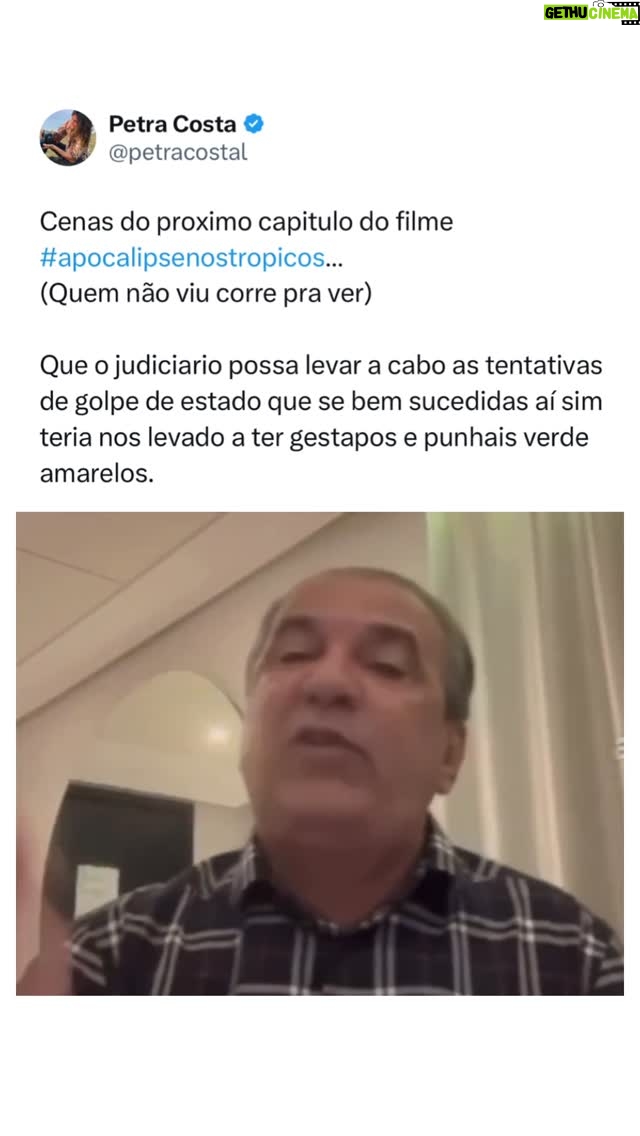 Petra Costa - 13.6K Likes - Cenas do proximo capitulo do filme #apocalipsenostropicos…
(Quem não viu corre pra ver)

Que o judiciario possa levar a cabo as investigações sobre as tentativas de golpe de estado que se bem sucedidas aí sim teria nos levado a ter gestapos e punhais verde amarelos.