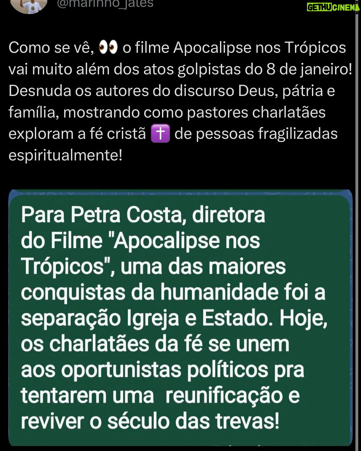 Petra Costa - 14.1K Likes - Mais do que nunca, Apocalipse nos Trópicos segue atual.

Entre as reviravoltas dos áudios reveladores que a PF descobriu, as reações exaltadas e debates sobre fé, política e democracia nas redes, o filme continua gerando repercussão e diálogo na sociedade. Basta ver os comentários acima para sentir a dimensão desse impacto.

Se você ainda não assistiu, está na Netflix.
Se já assistiu, esse é o momento de compartilhar — com amigos, família, nos stories, nos grupos de WhatsApp.

📣 Cada eco ajuda a manter viva essa conversa urgente sobre o futuro do Brasil.