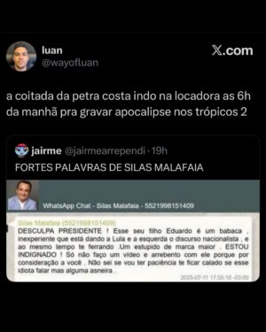 Petra Costa Instagram - Mais do que nunca, Apocalipse nos Trópicos segue atual.
Entre as reviravoltas dos áudios reveladores que a PF descobriu, as reações exaltadas e debates sobre fé, política e democracia nas redes, o filme continua gerando repercussão e diálogo na sociedade. Basta ver os comentários acima para sentir a dimensão desse impacto.
Se você ainda não assistiu, está na Netflix.
Se já assistiu, esse é o momento de compartilhar — com amigos, família, nos stories, nos grupos de WhatsApp.
📣 Cada eco ajuda a manter viva essa conversa urgente sobre o futuro do Brasil.