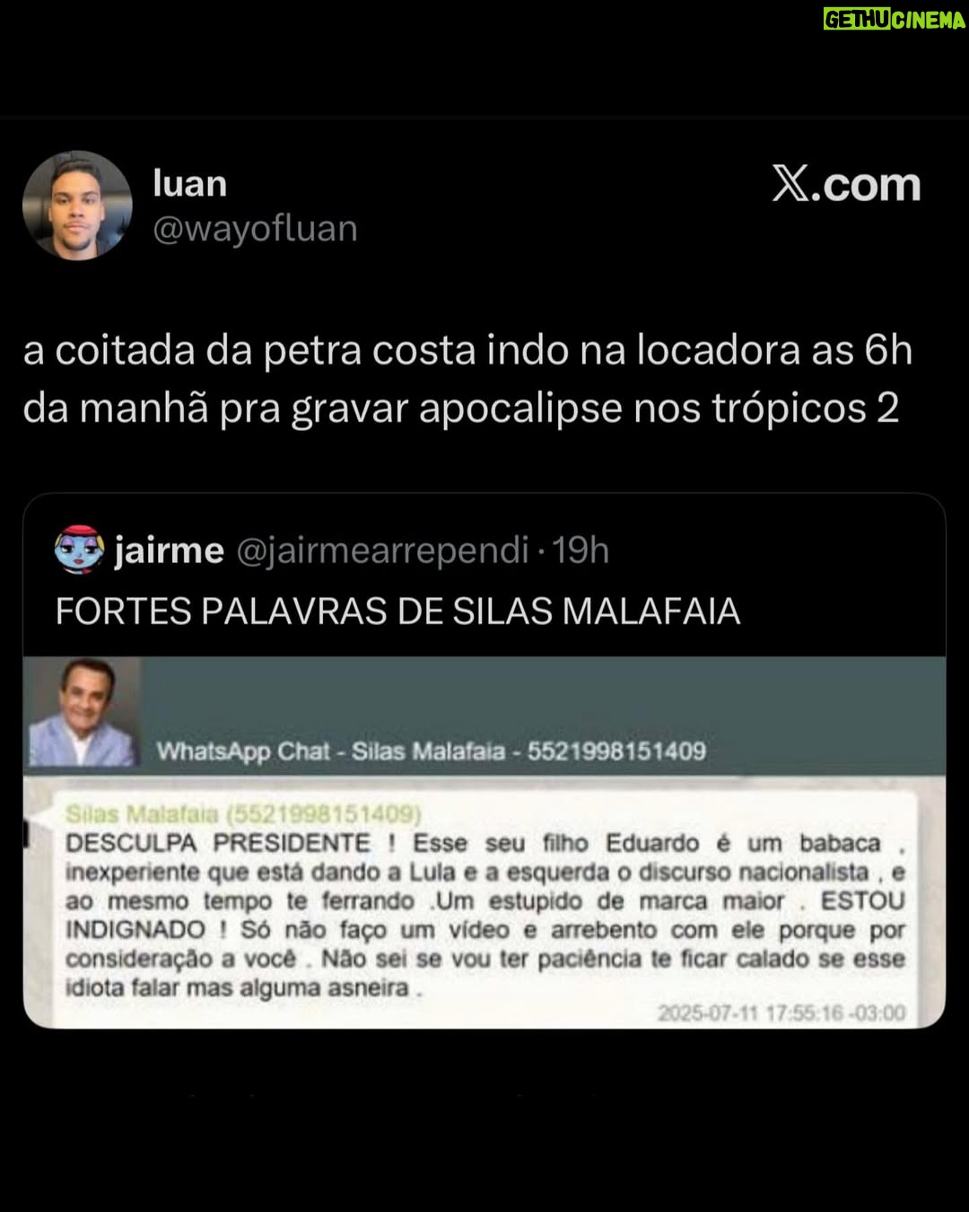 Petra Costa - 14.1K Likes - Mais do que nunca, Apocalipse nos Trópicos segue atual.

Entre as reviravoltas dos áudios reveladores que a PF descobriu, as reações exaltadas e debates sobre fé, política e democracia nas redes, o filme continua gerando repercussão e diálogo na sociedade. Basta ver os comentários acima para sentir a dimensão desse impacto.

Se você ainda não assistiu, está na Netflix.
Se já assistiu, esse é o momento de compartilhar — com amigos, família, nos stories, nos grupos de WhatsApp.

📣 Cada eco ajuda a manter viva essa conversa urgente sobre o futuro do Brasil.