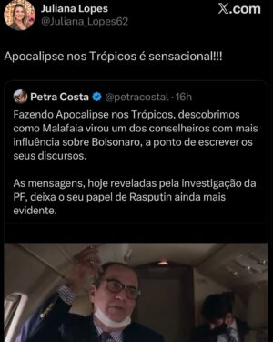 Petra Costa Instagram - Mais do que nunca, Apocalipse nos Trópicos segue atual.
Entre as reviravoltas dos áudios reveladores que a PF descobriu, as reações exaltadas e debates sobre fé, política e democracia nas redes, o filme continua gerando repercussão e diálogo na sociedade. Basta ver os comentários acima para sentir a dimensão desse impacto.
Se você ainda não assistiu, está na Netflix.
Se já assistiu, esse é o momento de compartilhar — com amigos, família, nos stories, nos grupos de WhatsApp.
📣 Cada eco ajuda a manter viva essa conversa urgente sobre o futuro do Brasil.