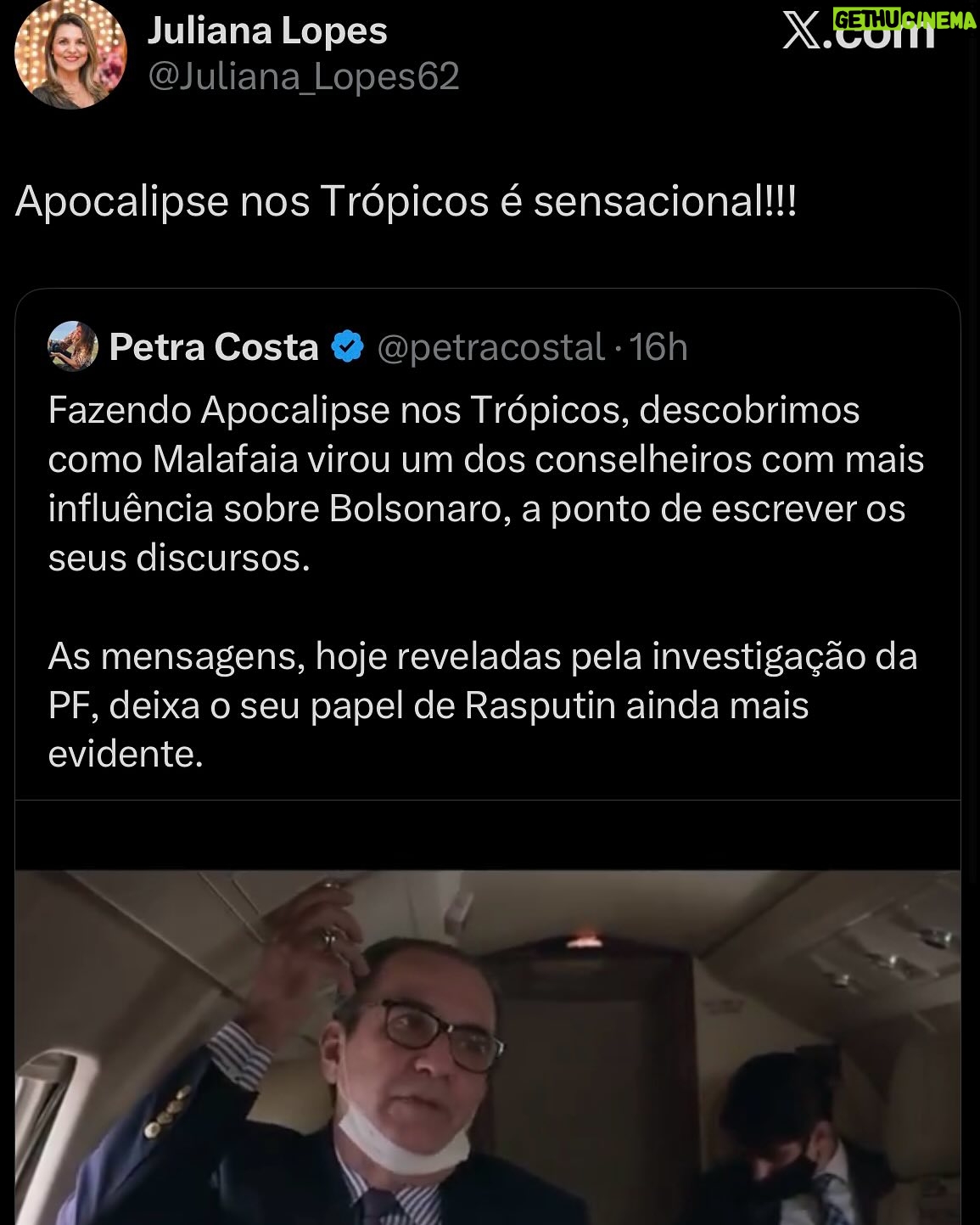 Petra Costa - 14.1K Likes - Mais do que nunca, Apocalipse nos Trópicos segue atual.

Entre as reviravoltas dos áudios reveladores que a PF descobriu, as reações exaltadas e debates sobre fé, política e democracia nas redes, o filme continua gerando repercussão e diálogo na sociedade. Basta ver os comentários acima para sentir a dimensão desse impacto.

Se você ainda não assistiu, está na Netflix.
Se já assistiu, esse é o momento de compartilhar — com amigos, família, nos stories, nos grupos de WhatsApp.

📣 Cada eco ajuda a manter viva essa conversa urgente sobre o futuro do Brasil.