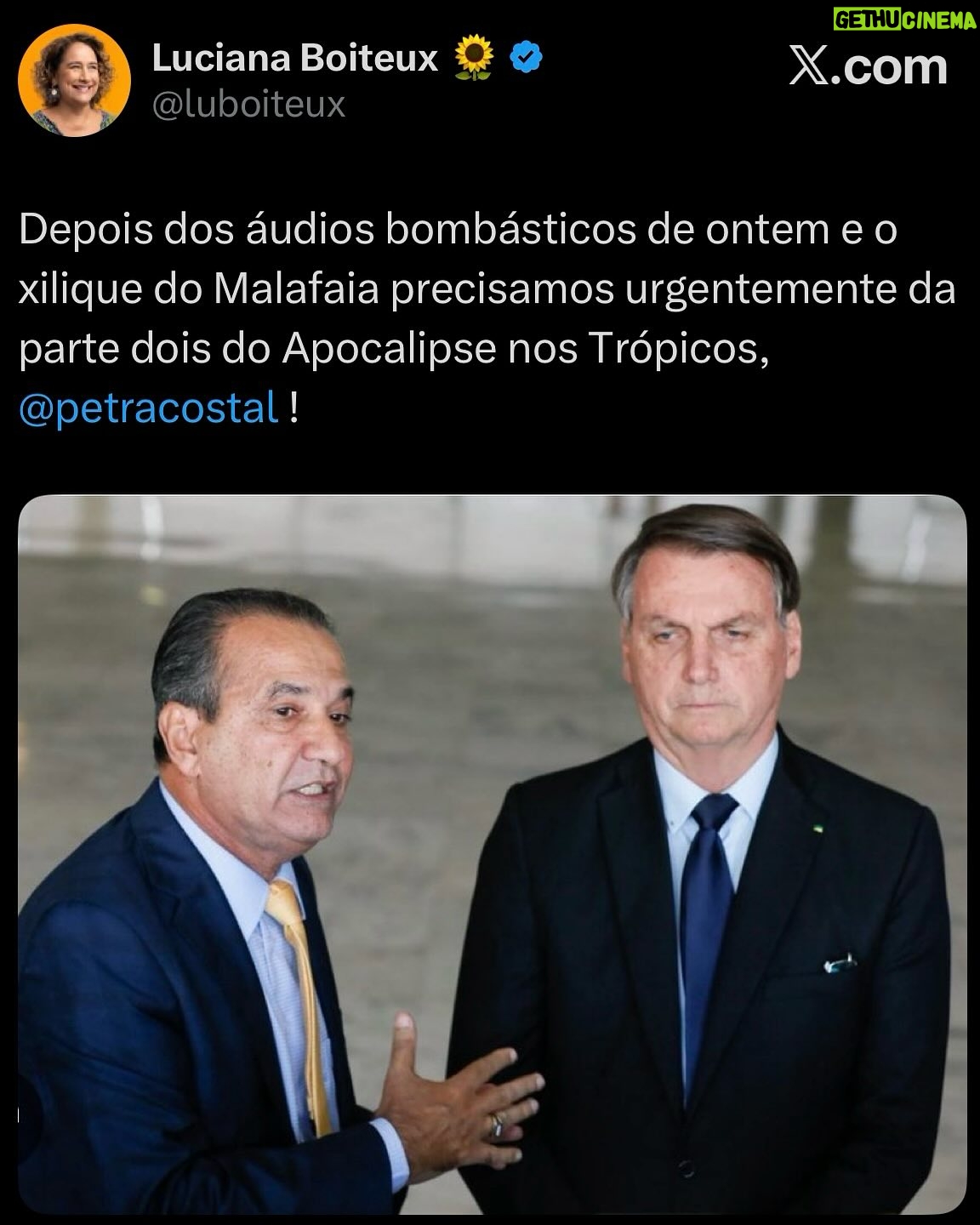 Petra Costa - 14.1K Likes - Mais do que nunca, Apocalipse nos Trópicos segue atual.

Entre as reviravoltas dos áudios reveladores que a PF descobriu, as reações exaltadas e debates sobre fé, política e democracia nas redes, o filme continua gerando repercussão e diálogo na sociedade. Basta ver os comentários acima para sentir a dimensão desse impacto.

Se você ainda não assistiu, está na Netflix.
Se já assistiu, esse é o momento de compartilhar — com amigos, família, nos stories, nos grupos de WhatsApp.

📣 Cada eco ajuda a manter viva essa conversa urgente sobre o futuro do Brasil.
