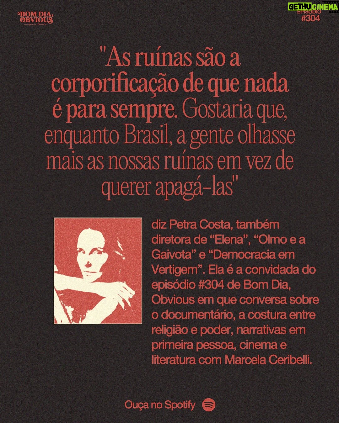 Petra Costa - 10.4K Likes - Tem novo episódio de Bom Dia, Obvious com a cineasta @petracostal e @marcelaceribelli conversando sobre democracia, religião e esperança ativa. Petra lança o documentário “Apocalipse nos Trópicos”, na Netflix, e explica o que significa, para ela, contar histórias por lentes não patriarcais. Ouça no Spotify e nas demais plataformas de áudio.
