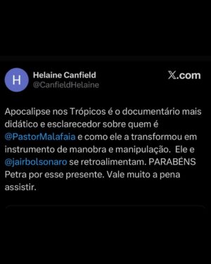 Petra Costa Instagram - Mais do que nunca, Apocalipse nos Trópicos segue atual.
Entre as reviravoltas dos áudios reveladores que a PF descobriu, as reações exaltadas e debates sobre fé, política e democracia nas redes, o filme continua gerando repercussão e diálogo na sociedade. Basta ver os comentários acima para sentir a dimensão desse impacto.
Se você ainda não assistiu, está na Netflix.
Se já assistiu, esse é o momento de compartilhar — com amigos, família, nos stories, nos grupos de WhatsApp.
📣 Cada eco ajuda a manter viva essa conversa urgente sobre o futuro do Brasil.