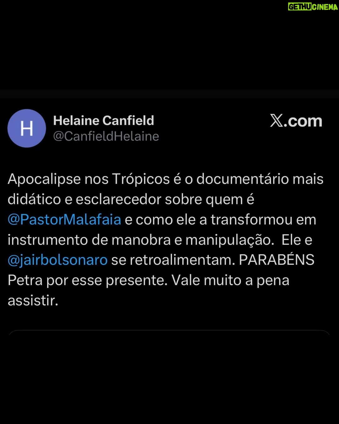 Petra Costa - 14.1K Likes - Mais do que nunca, Apocalipse nos Trópicos segue atual.

Entre as reviravoltas dos áudios reveladores que a PF descobriu, as reações exaltadas e debates sobre fé, política e democracia nas redes, o filme continua gerando repercussão e diálogo na sociedade. Basta ver os comentários acima para sentir a dimensão desse impacto.

Se você ainda não assistiu, está na Netflix.
Se já assistiu, esse é o momento de compartilhar — com amigos, família, nos stories, nos grupos de WhatsApp.

📣 Cada eco ajuda a manter viva essa conversa urgente sobre o futuro do Brasil.