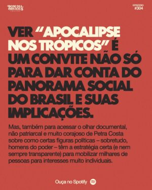 Petra Costa Instagram - Tem novo episódio de Bom Dia, Obvious com a cineasta @petracostal e @marcelaceribelli conversando sobre democracia, religião e esperança ativa. Petra lança o documentário “Apocalipse nos Trópicos”, na Netflix, e explica o que significa, para ela, contar histórias por lentes não patriarcais. Ouça no Spotify e nas demais plataformas de áudio.
