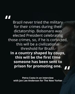 Petra Costa Instagram - O julgamento de Bolsonaro não é apenas sobre um ex-presidente - é sobre enfrentar uma história de impunidade que atravessa o Brasil desde a ditadura.
Alegria de ler esse artigo de Jon Lee Anderson que acabou de sair do forno na The New Yorker: “Brazil Braces for a Verdict on Its Ex-President — and on Its Democracy”. Indico muito a leitura em bit.ly/thenewyorker-veredict ou pelo link na descrição do perfil.
————————
The trial of Bolsonaro is not just about a former president - it is about confronting a history of impunity that has traversed Brazil since the dictatorship.
I’m delighted to read this article by Jon Lee Anderson that just came out in The New Yorker: ‘Brazil Braces for a Verdict on Its Ex-President — and on Its Democracy’. I highly recommend reading it.