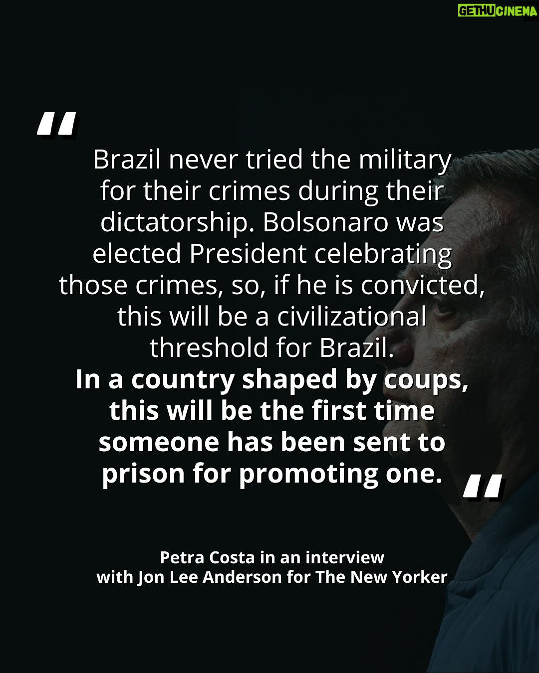 Petra Costa - 27.2K Likes - O julgamento de Bolsonaro não é apenas sobre um ex-presidente - é sobre enfrentar uma história de impunidade que atravessa o Brasil desde a ditadura.

Alegria de ler esse artigo de Jon Lee Anderson que acabou de sair do forno na The New Yorker: “Brazil Braces for a Verdict on Its Ex-President — and on Its Democracy”. Indico muito a leitura em bit.ly/thenewyorker-veredict ou pelo link na descrição do perfil.

————————

The trial of Bolsonaro is not just about a former president - it is about confronting a history of impunity that has traversed Brazil since the dictatorship. 

I’m delighted to read this article by Jon Lee Anderson that just came out in The New Yorker: ‘Brazil Braces for a Verdict on Its Ex-President — and on Its Democracy’. I highly recommend reading it.