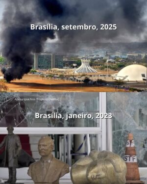Petra Costa Instagram - Hoje, durante a leitura do voto do ministro Alexandre de Moraes no julgamento de Bolsonaro, dezenas de banheiros químicos foram incendiados em Brasília - um gesto de intimidação que ecoa os mesmos métodos de violência política que vimos no 8 de janeiro de 2023, quando os 3 Poderes foram atacados por apoiadores que não aceitaram o resultado legítimo das urnas.
Apocalipse nos Trópicos já mostrava como essa escalada de hostilidade é parte de uma dramaturgia política em que fé, poder e violência se entrelaçam para corroer as instituições.
Como disse o filósofo George Santayama, em 1905, "aqueles que não conseguem lembrar o passado, estão condenados a repeti-lo". O incêndio de hoje é um lembrete doloroso desse risco, mas também da força de uma democracia que, mesmo atacada, resiste.